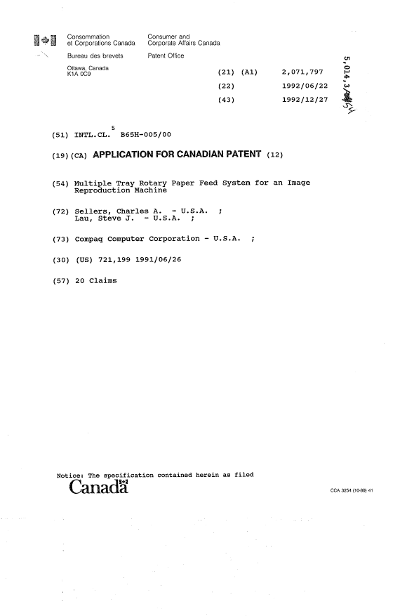 Canadian Patent Document 2071797. Cover Page 19921227. Image 1 of 1