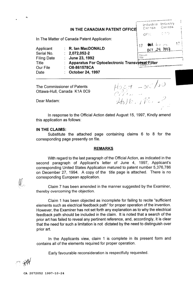 Canadian Patent Document 2072052. Prosecution Correspondence 19971024. Image 1 of 2