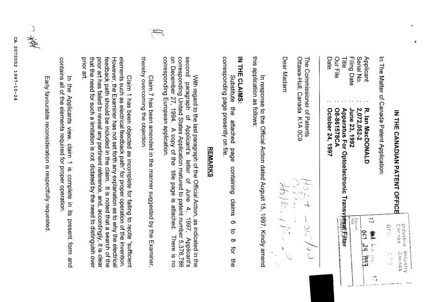 Canadian Patent Document 2072052. Prosecution Correspondence 19971024. Image 1 of 2