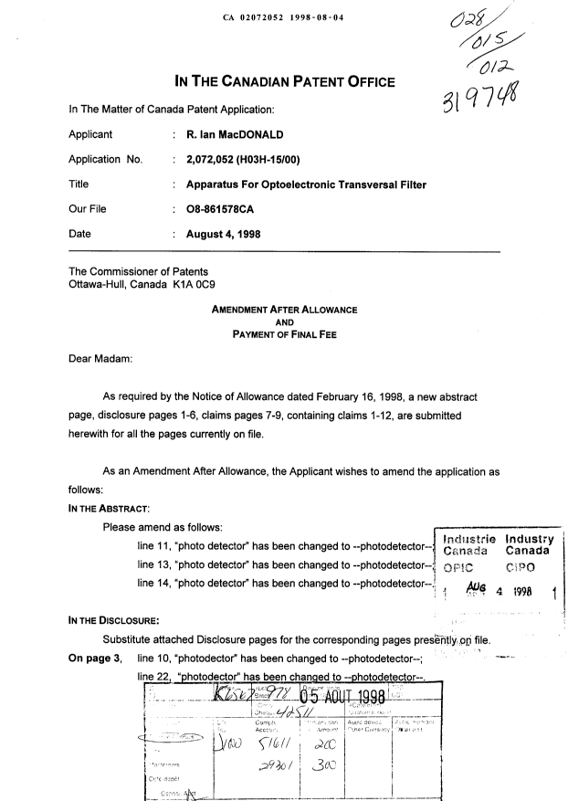 Canadian Patent Document 2072052. Prosecution-Amendment 19980804. Image 1 of 9