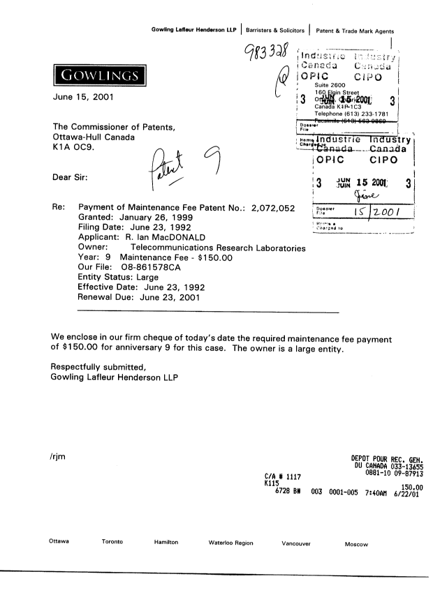 Document de brevet canadien 2072052. Taxes 20010615. Image 1 de 1