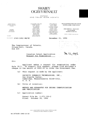 Canadian Patent Document 2072150. Prosecution Correspondence 19921222. Image 1 of 2