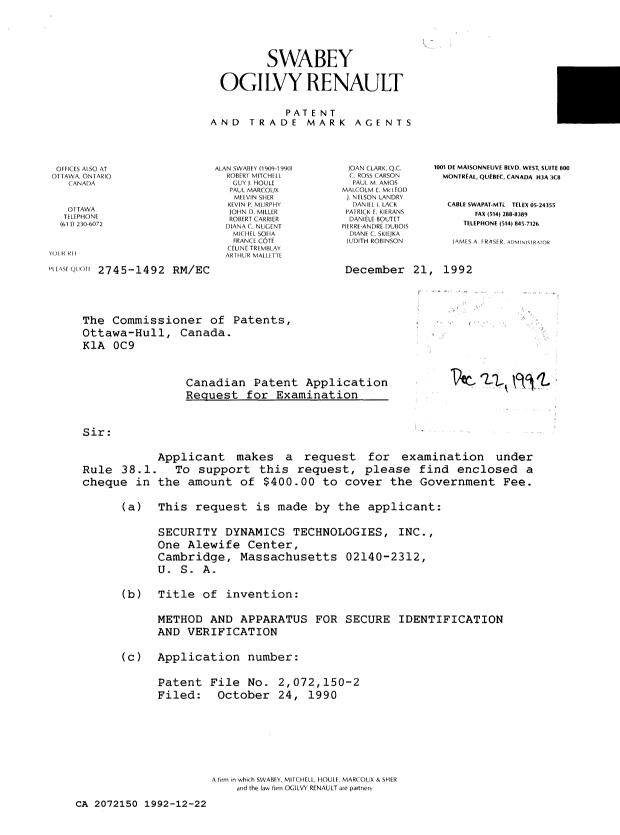 Canadian Patent Document 2072150. Prosecution Correspondence 19921222. Image 1 of 2