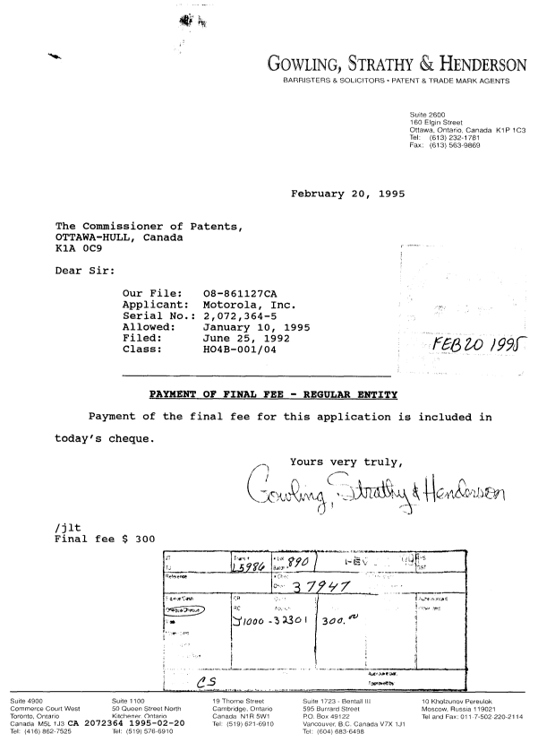 Document de brevet canadien 2072364. Correspondance reliée au PCT 19950220. Image 1 de 1