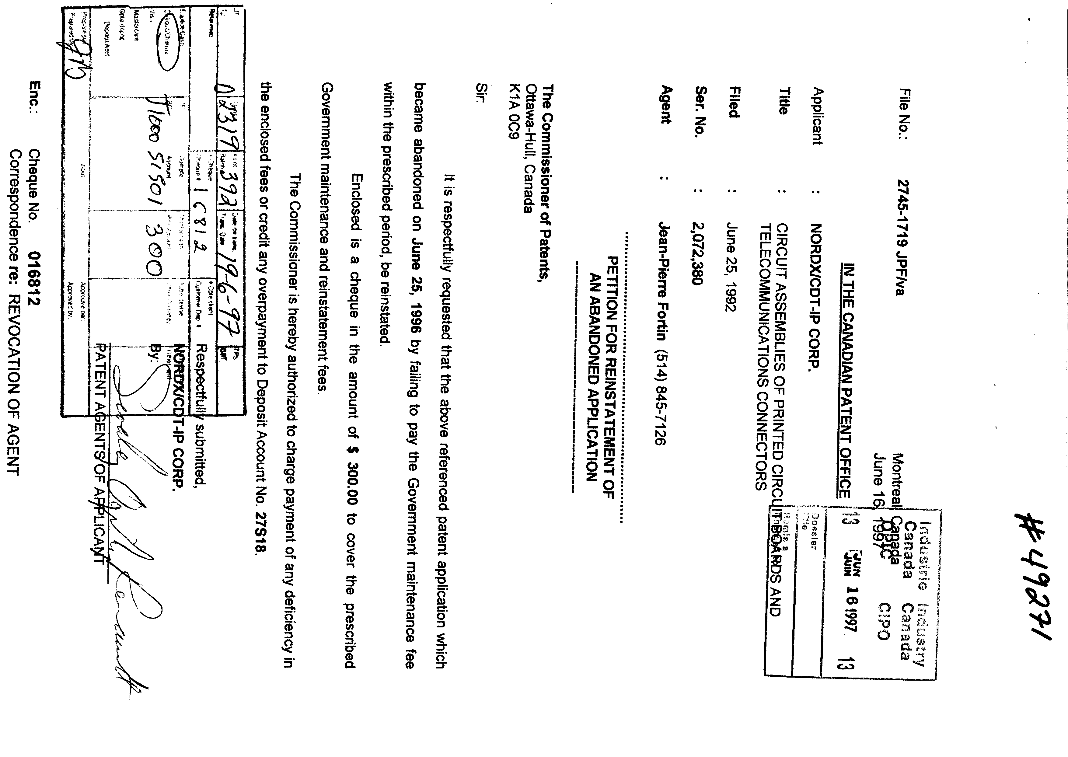 Canadian Patent Document 2072380. Fees 19961216. Image 1 of 1