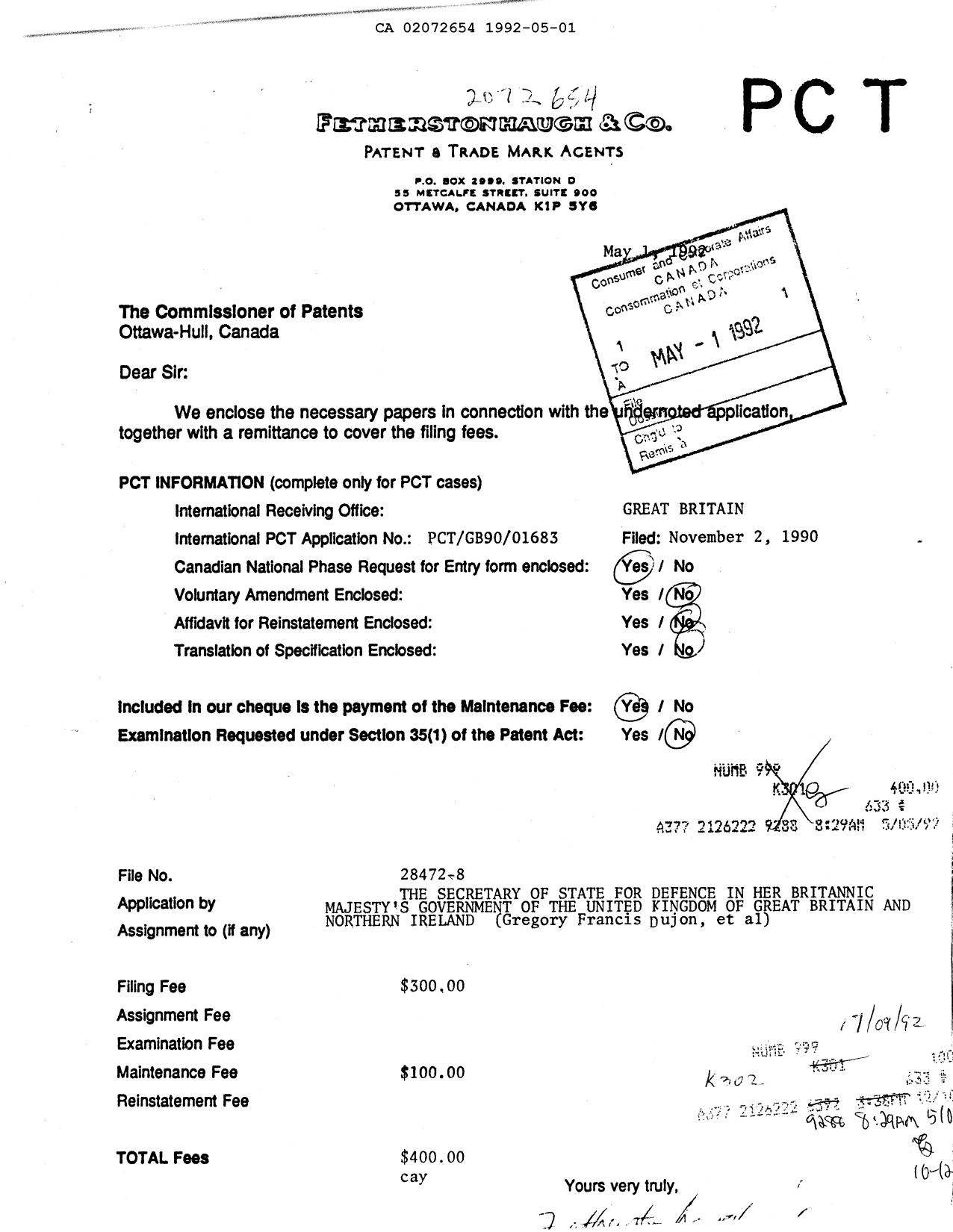 Document de brevet canadien 2072654. Taxes 19920501. Image 1 de 1