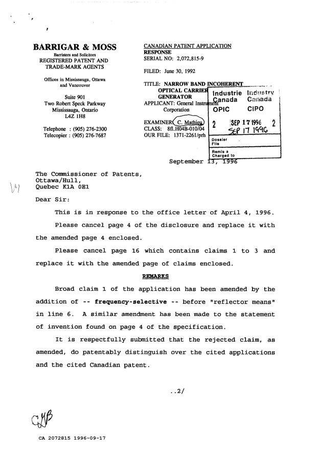 Canadian Patent Document 2072815. Prosecution Correspondence 19960917. Image 1 of 6
