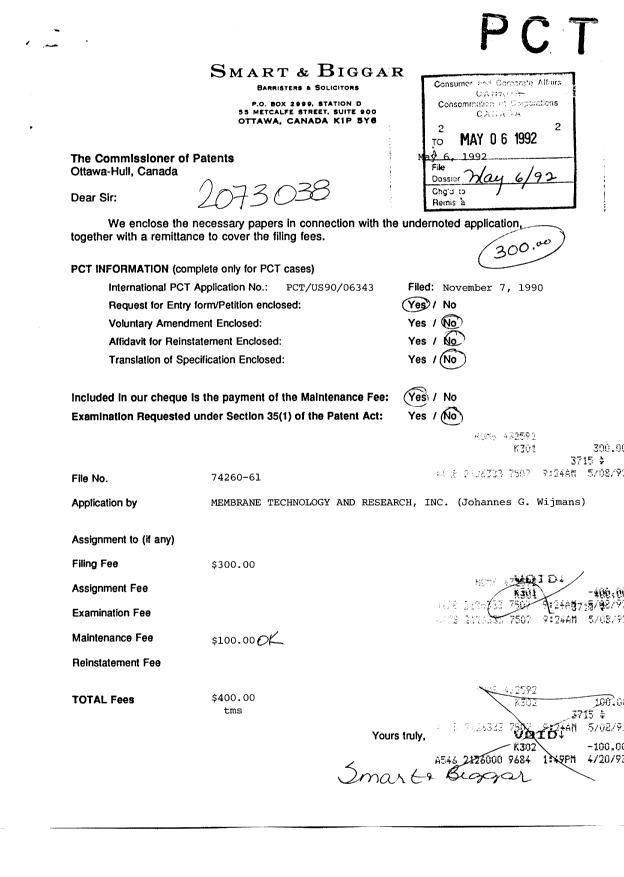 Document de brevet canadien 2073038. Cession 19920506. Image 1 de 8