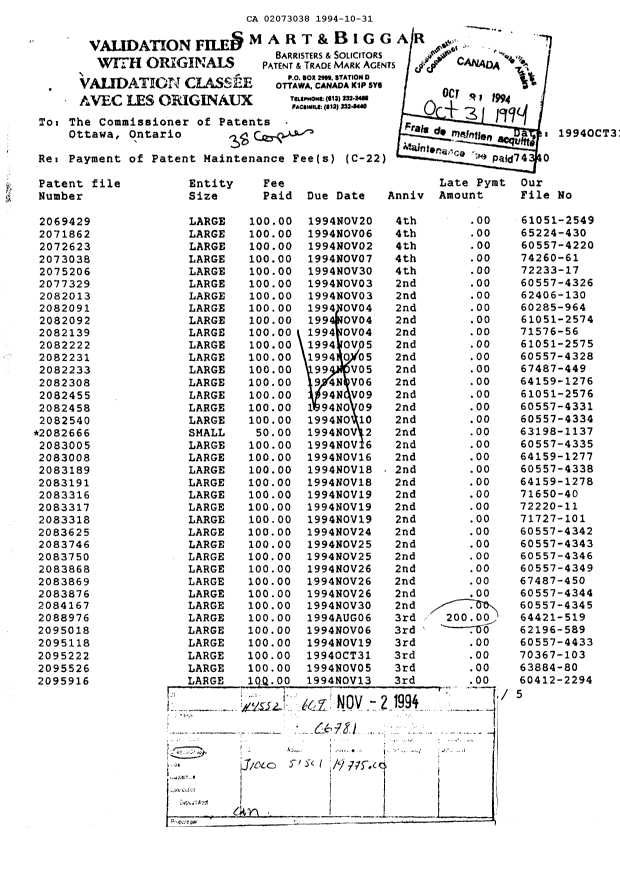 Document de brevet canadien 2073038. Taxes 19941031. Image 1 de 1