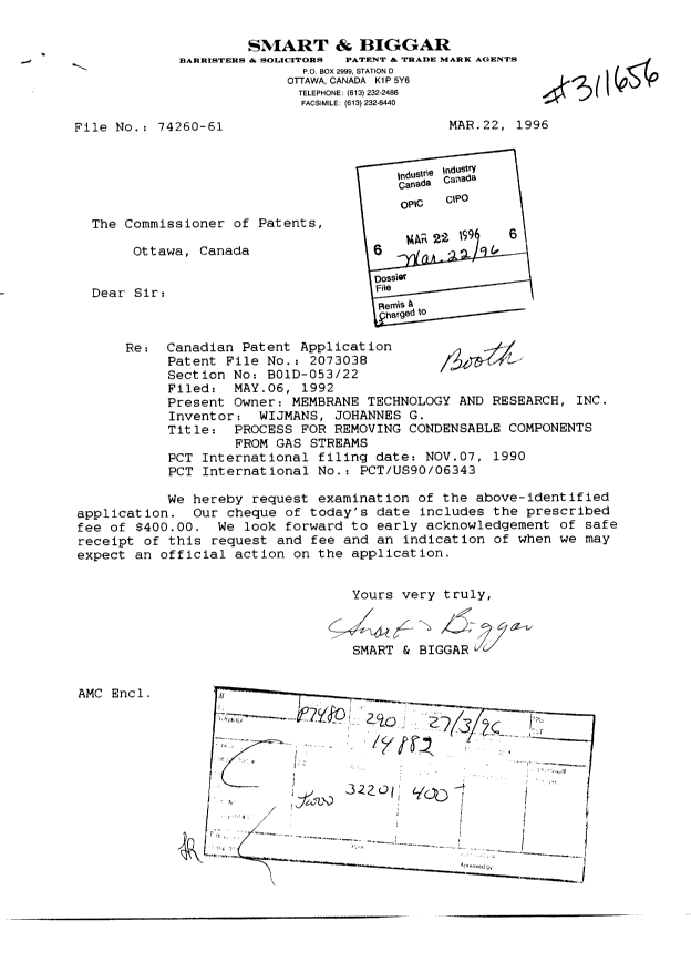 Canadian Patent Document 2073038. Prosecution-Amendment 19960322. Image 1 of 2
