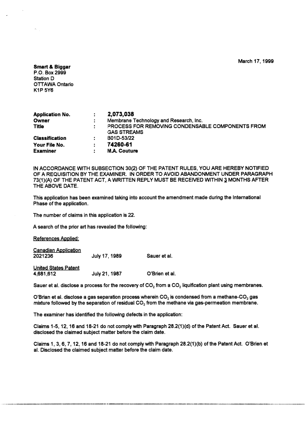 Canadian Patent Document 2073038. Prosecution-Amendment 19990317. Image 1 of 2