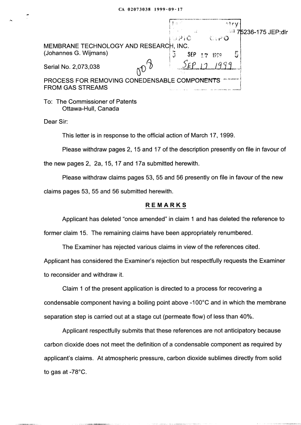 Canadian Patent Document 2073038. Prosecution-Amendment 19990917. Image 1 of 12
