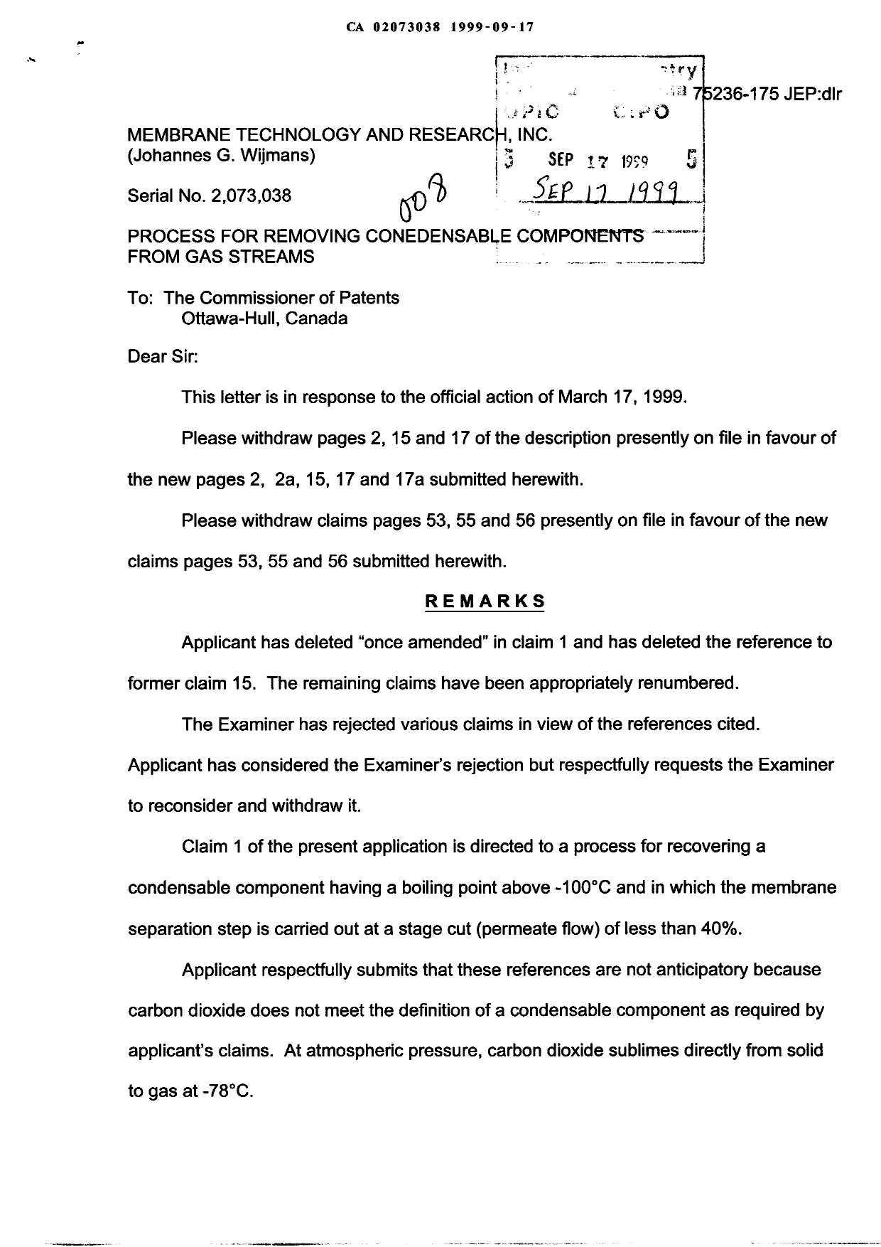 Canadian Patent Document 2073038. Prosecution-Amendment 19990917. Image 1 of 12