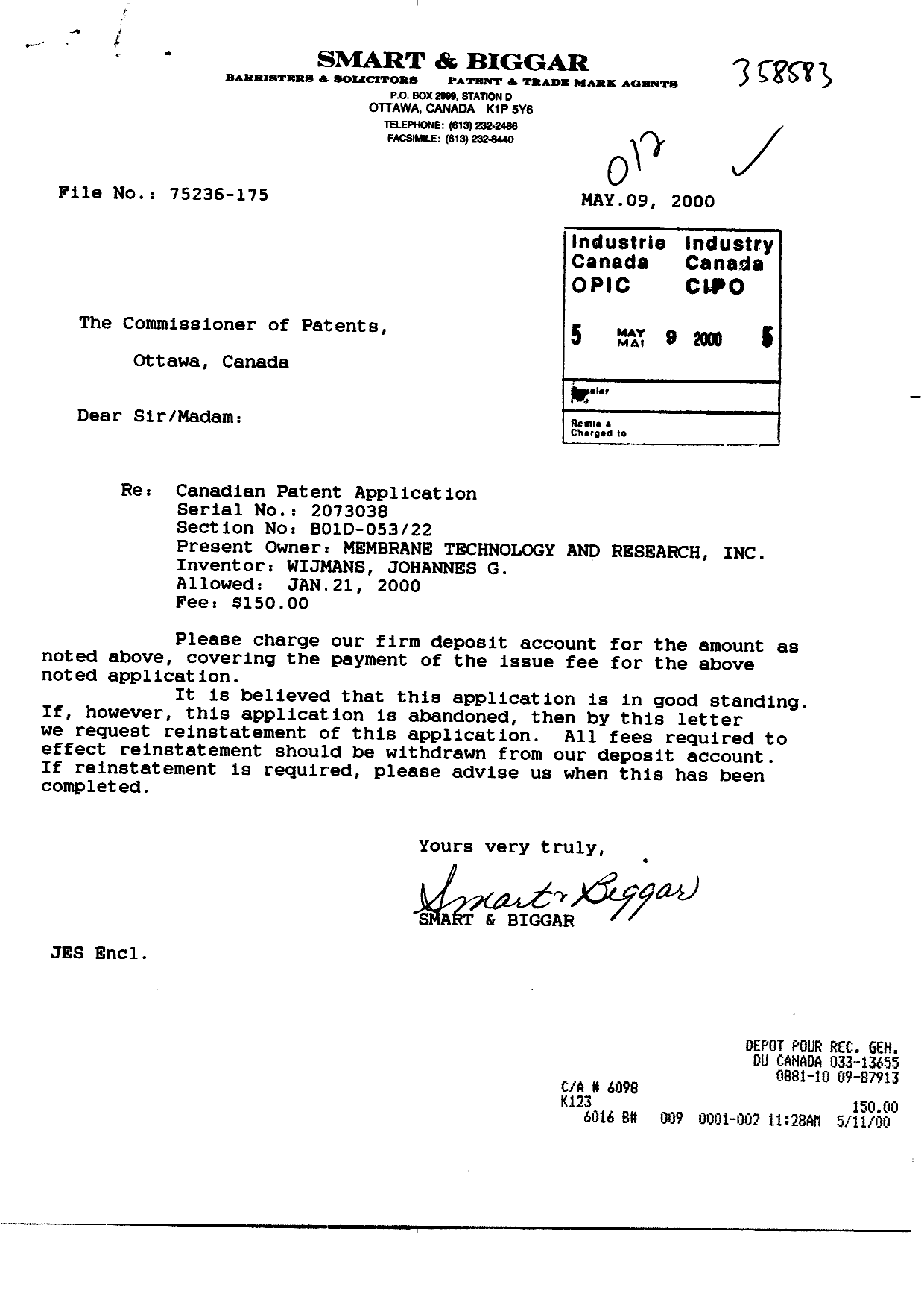 Canadian Patent Document 2073038. Correspondence 20000509. Image 1 of 2