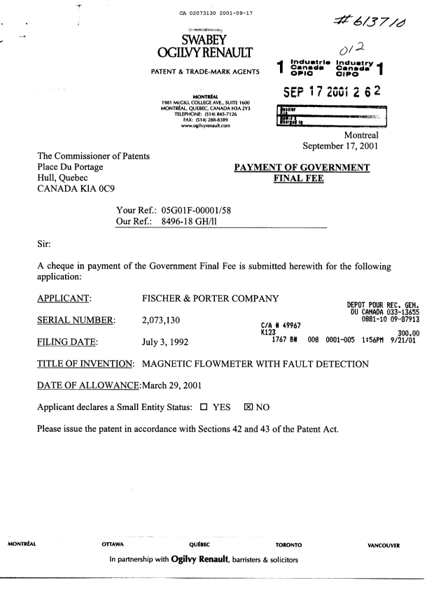 Document de brevet canadien 2073130. Correspondance 20010917. Image 1 de 2