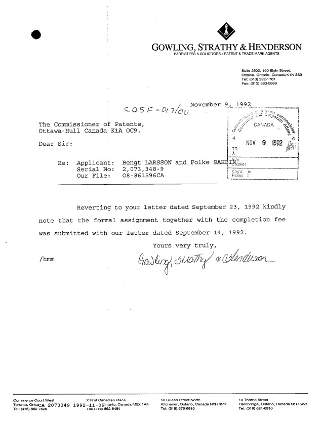 Document de brevet canadien 2073349. Correspondance reliée au PCT 19921109. Image 1 de 1