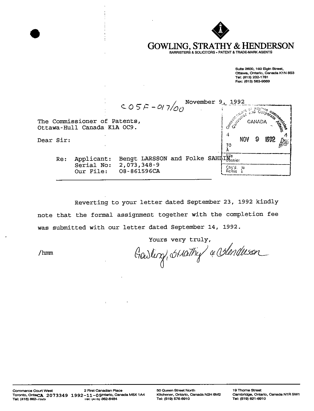 Canadian Patent Document 2073349. PCT Correspondence 19921109. Image 1 of 1