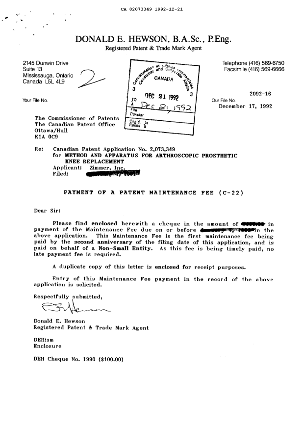 Document de brevet canadien 2073349. Taxes 19921221. Image 1 de 1