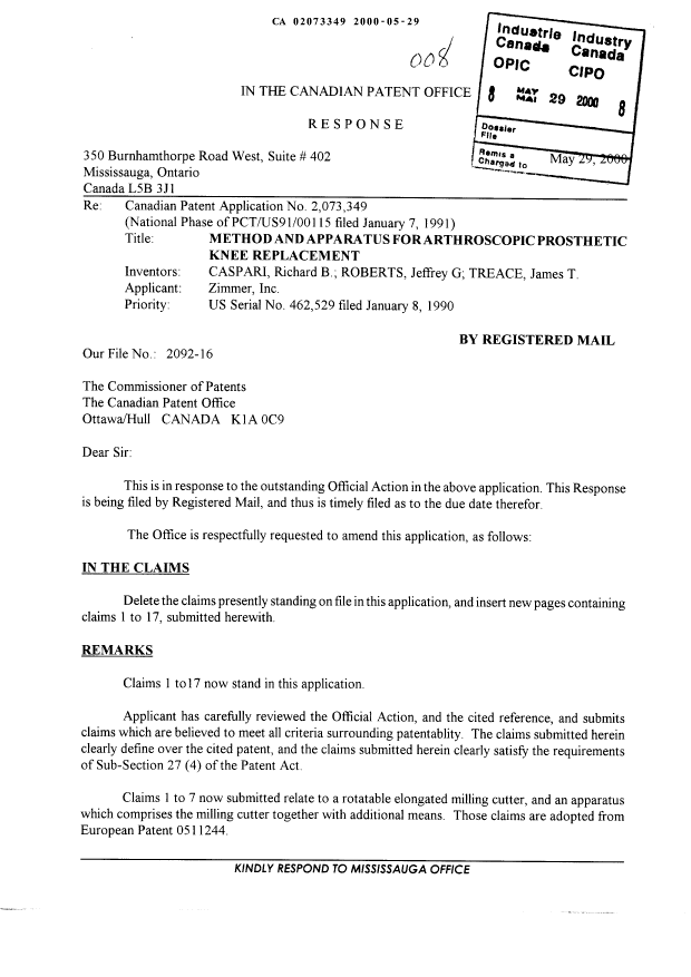 Canadian Patent Document 2073349. Prosecution-Amendment 20000529. Image 1 of 5