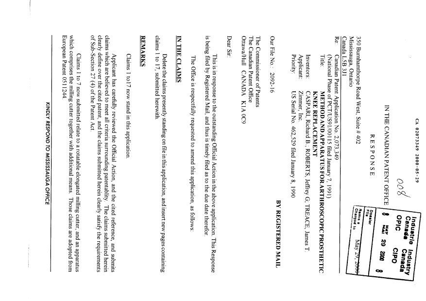 Canadian Patent Document 2073349. Prosecution-Amendment 20000529. Image 1 of 5