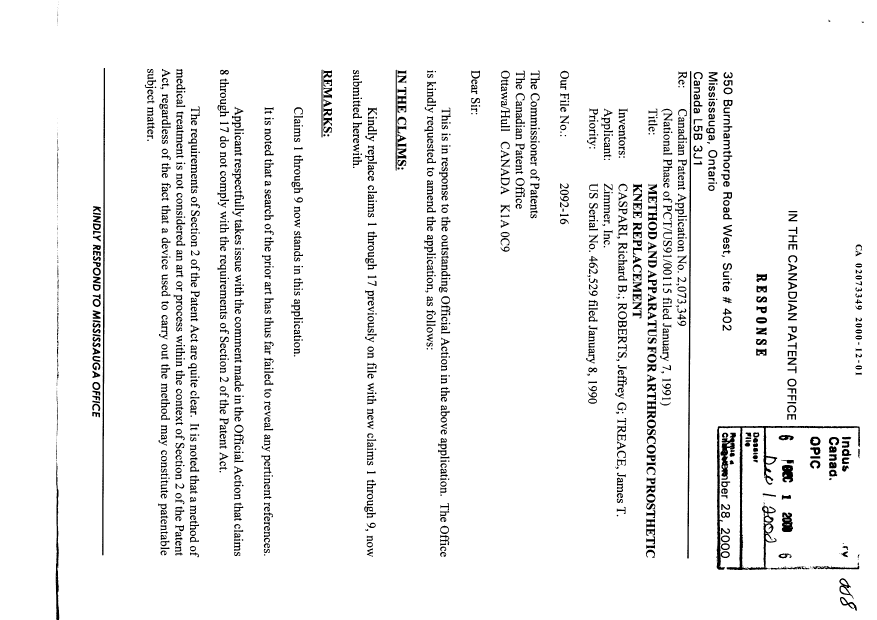 Canadian Patent Document 2073349. Prosecution-Amendment 20001201. Image 1 of 4