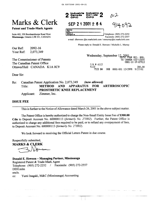 Canadian Patent Document 2073349. Correspondence 20001221. Image 1 of 1