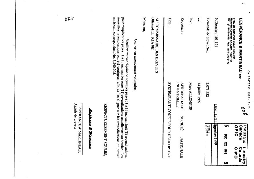Canadian Patent Document 2073732. Prosecution-Amendment 19991222. Image 1 of 6