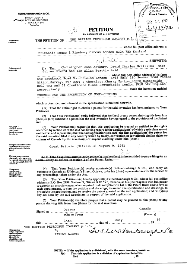 Canadian Patent Document 2073850. Assignment 19920714. Image 2 of 7