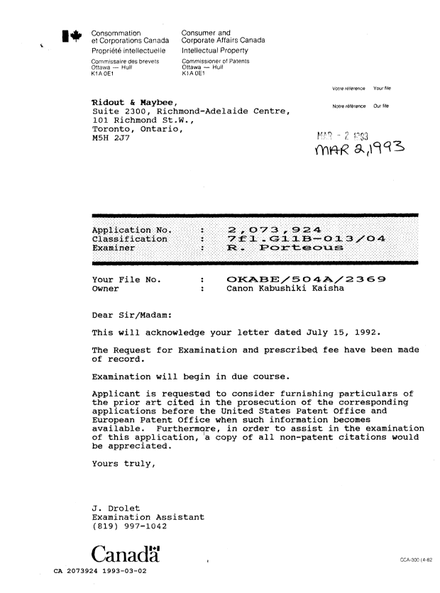 Canadian Patent Document 2073924. Correspondence 19921202. Image 1 of 1