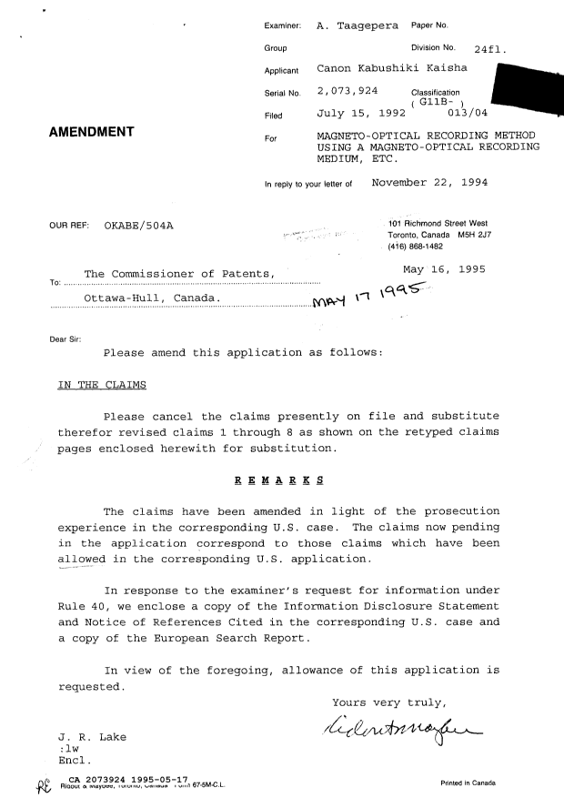 Canadian Patent Document 2073924. Prosecution-Amendment 19941217. Image 1 of 17