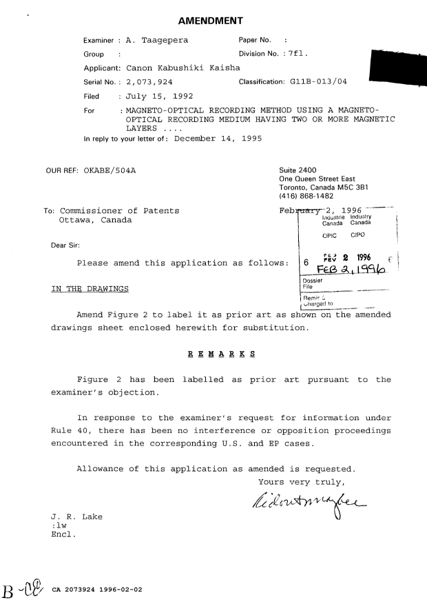 Canadian Patent Document 2073924. Prosecution-Amendment 19951202. Image 1 of 1