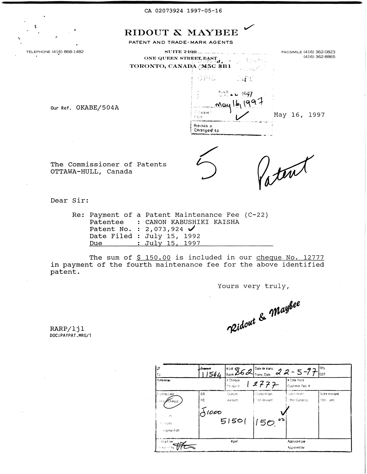 Canadian Patent Document 2073924. Fees 19961216. Image 1 of 1