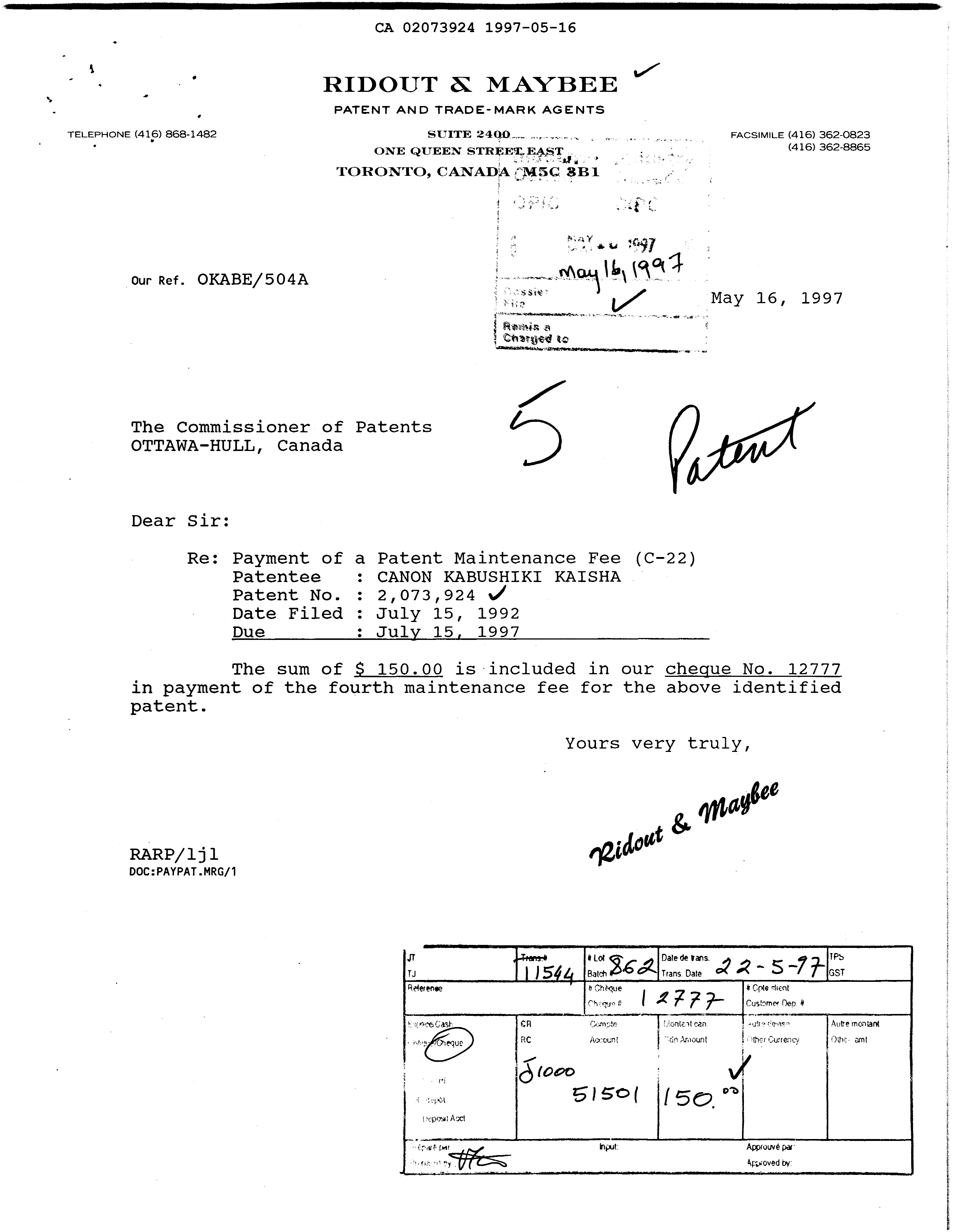 Document de brevet canadien 2073924. Taxes 19961216. Image 1 de 1