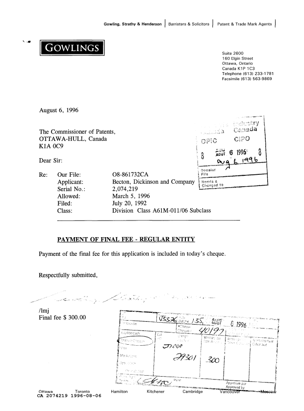 Document de brevet canadien 2074219. Correspondance reliée au PCT 19960806. Image 1 de 1