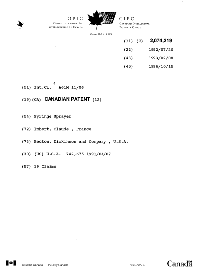 Canadian Patent Document 2074219. Cover Page 19961015. Image 1 of 1