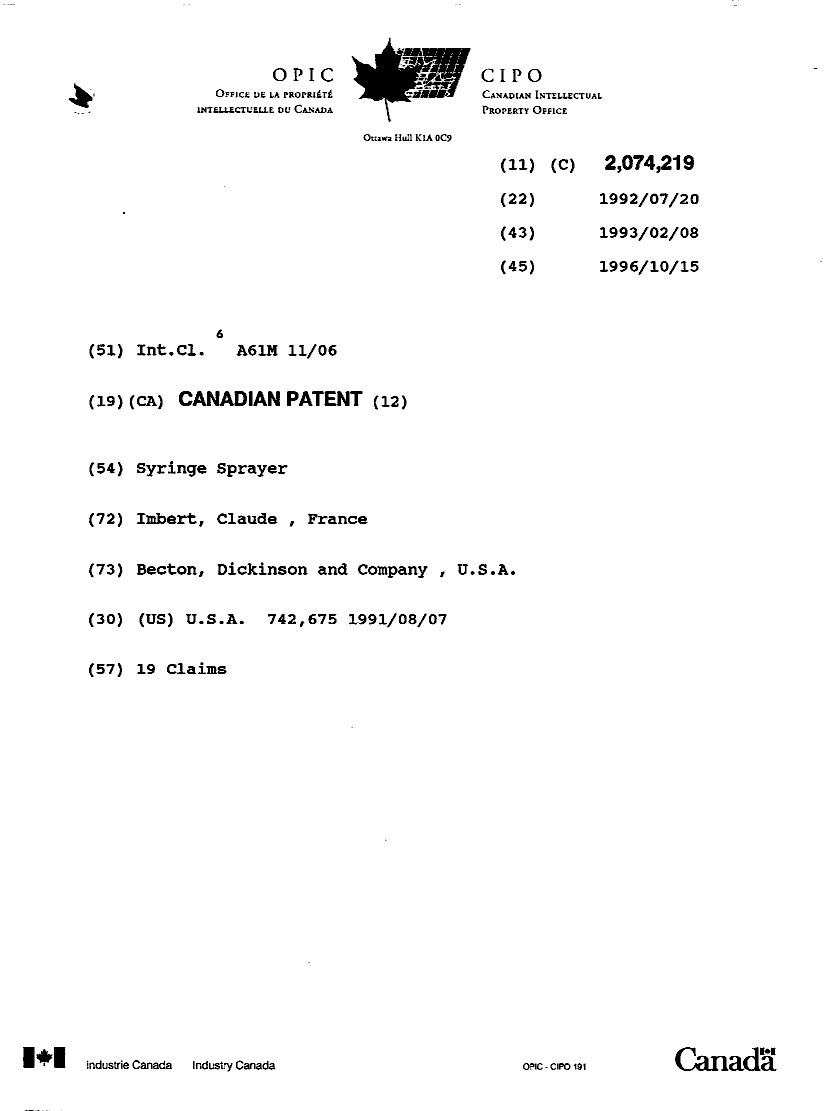 Canadian Patent Document 2074219. Cover Page 19961015. Image 1 of 1