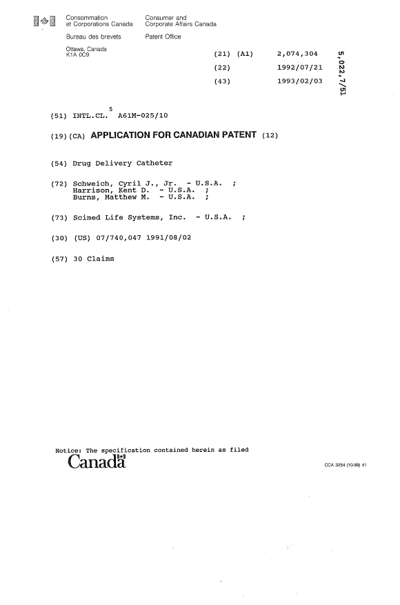 Canadian Patent Document 2074304. Cover Page 19940409. Image 1 of 1