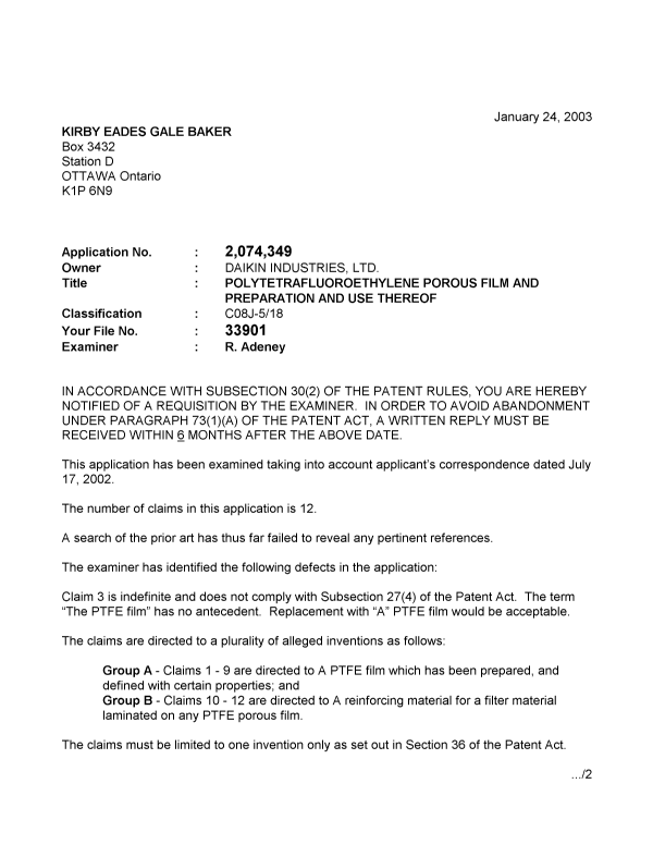 Canadian Patent Document 2074349. Prosecution-Amendment 20030124. Image 1 of 2
