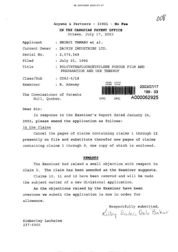 Document de brevet canadien 2074349. Poursuite-Amendment 20030717. Image 1 de 4