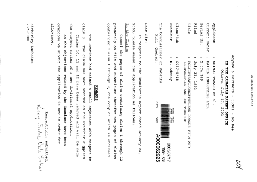 Canadian Patent Document 2074349. Prosecution-Amendment 20030717. Image 1 of 4