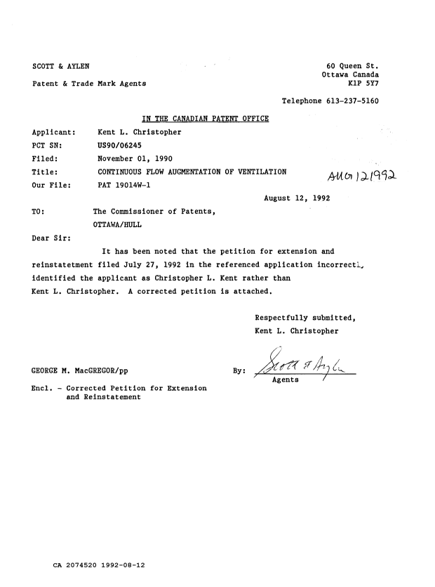 Canadian Patent Document 2074520. Prosecution Correspondence 19920812. Image 1 of 2