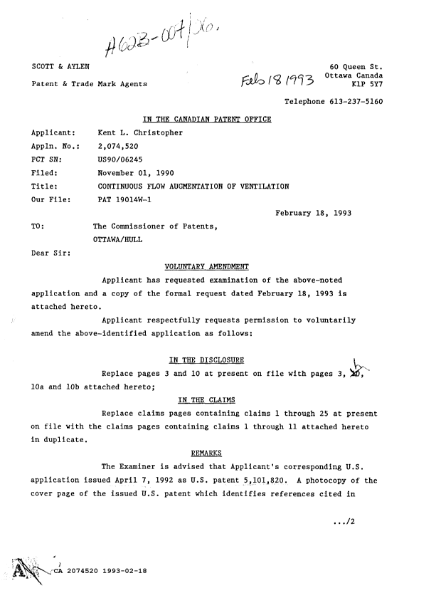 Canadian Patent Document 2074520. Prosecution Correspondence 19930218. Image 1 of 2