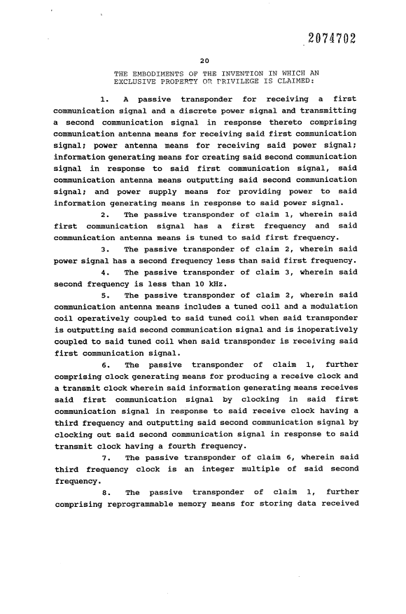 Document de brevet canadien 2074702. Revendications 19940416. Image 1 de 4