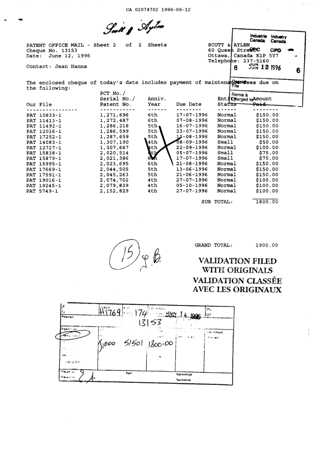 Document de brevet canadien 2074702. Taxes 19960612. Image 1 de 1
