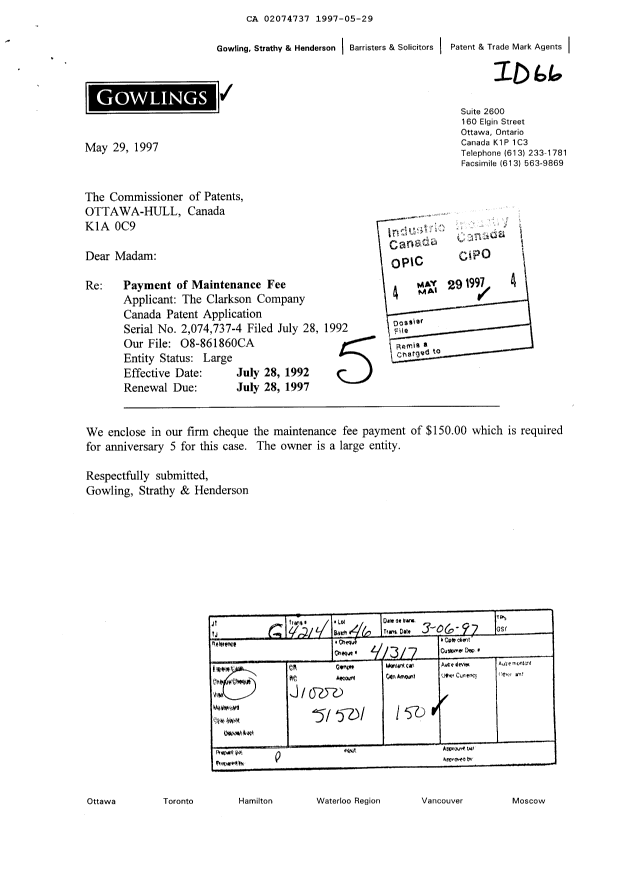 Document de brevet canadien 2074737. Taxes 19970529. Image 1 de 1