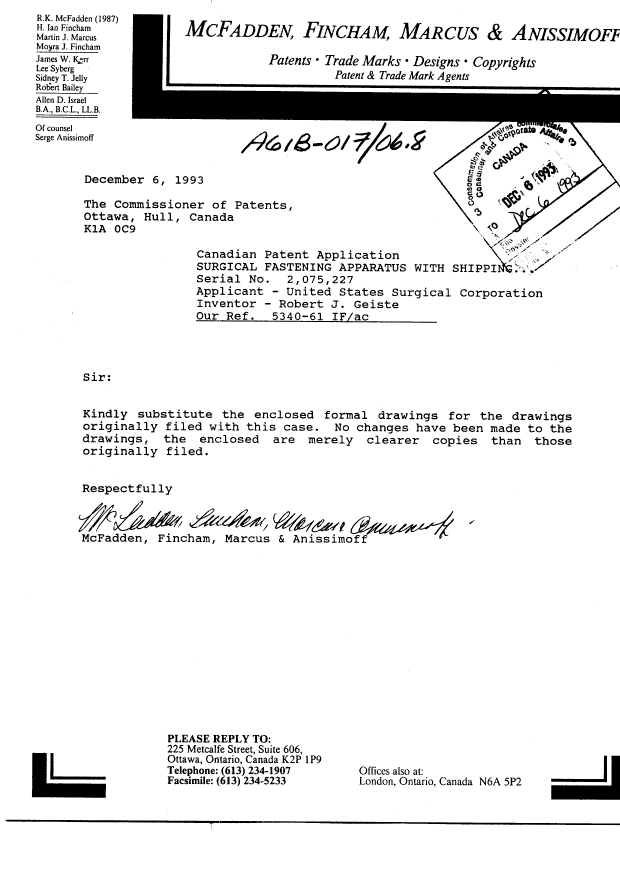 Canadian Patent Document 2075227. Correspondence 19921206. Image 1 of 10
