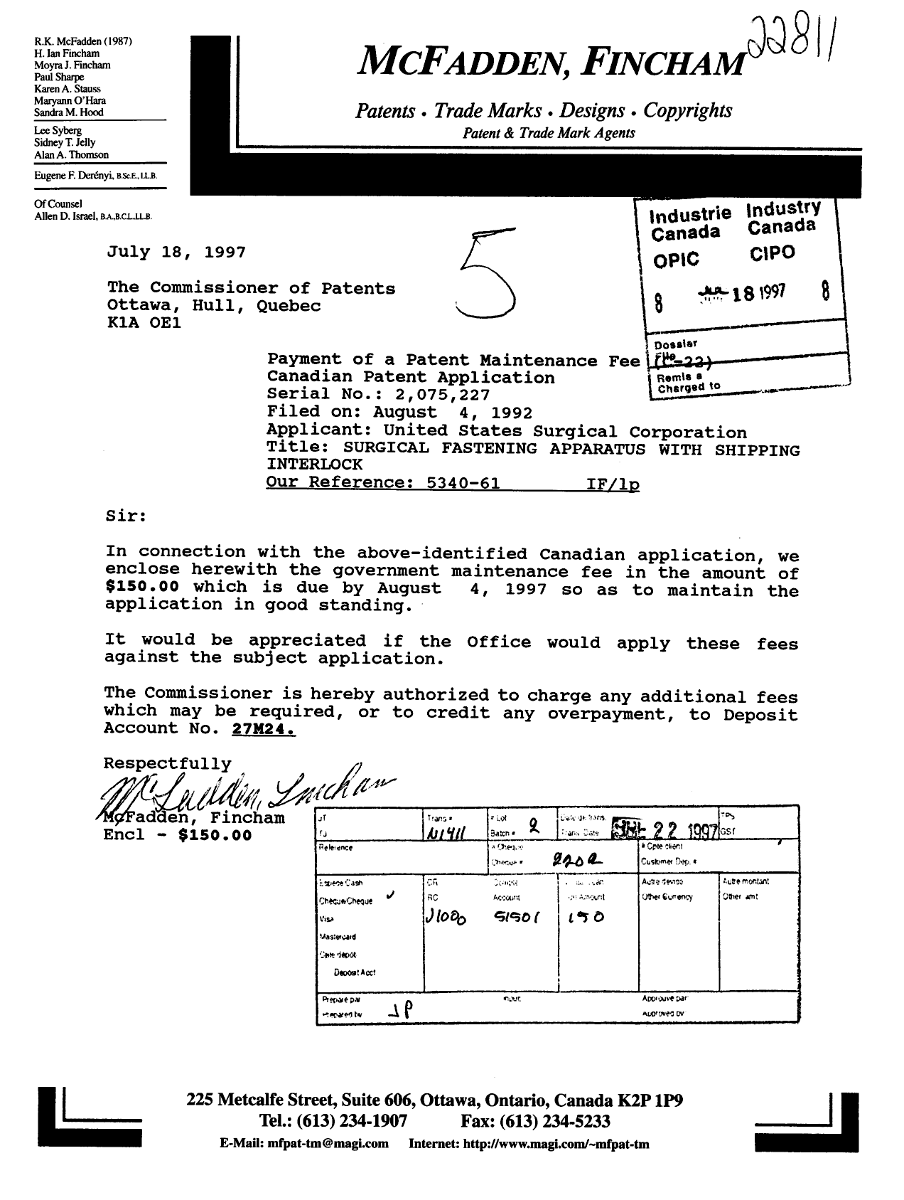 Document de brevet canadien 2075227. Taxes 19961218. Image 1 de 1