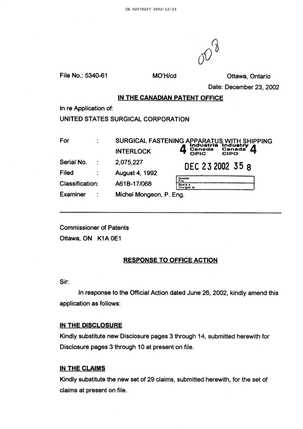 Canadian Patent Document 2075227. Prosecution-Amendment 20011223. Image 1 of 26