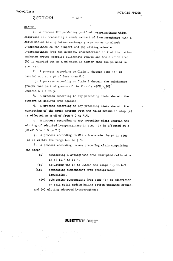 Canadian Patent Document 2075289. Claims 19940521. Image 1 of 2