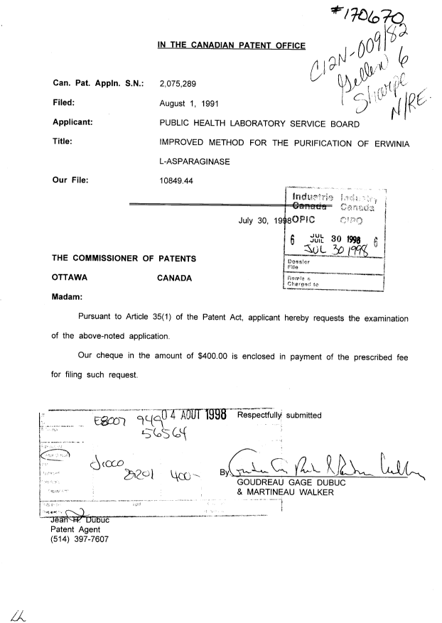 Canadian Patent Document 2075289. Prosecution-Amendment 19980730. Image 1 of 1